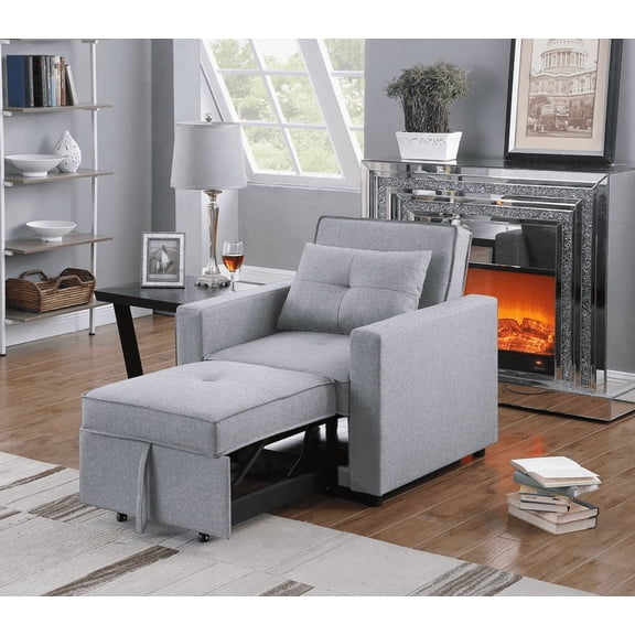 33.25" Light Gray Linen 1-Piece Convertible Sleeper Chair with Side Pocket - Modern Minimalist Style, Solid Wood Frame