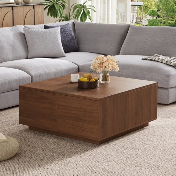 33.25" Square Coffee Table with 4 Drawers, Walnut Wood Grain Finish, Spacious Storage for Remotes & Magazines, Compact Design for Small Living Rooms, Sturdy MDF Construction