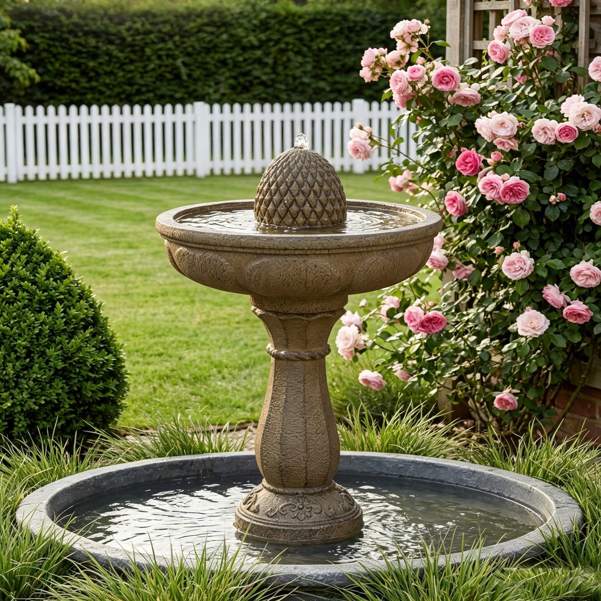 33.3 Inch Classic Pineapple Top Pedestal Water Fountain, 2 Tier Resin Waterfall Feature, Auto Shutoff Protection, Stable Anti-Splash Water Flow for Yard Lawn Patio Garden Decor