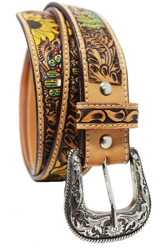 33-34 Men's 1-1/2" Wide Tan Leather Floral Tooled Casual Jean Belt 26FK23