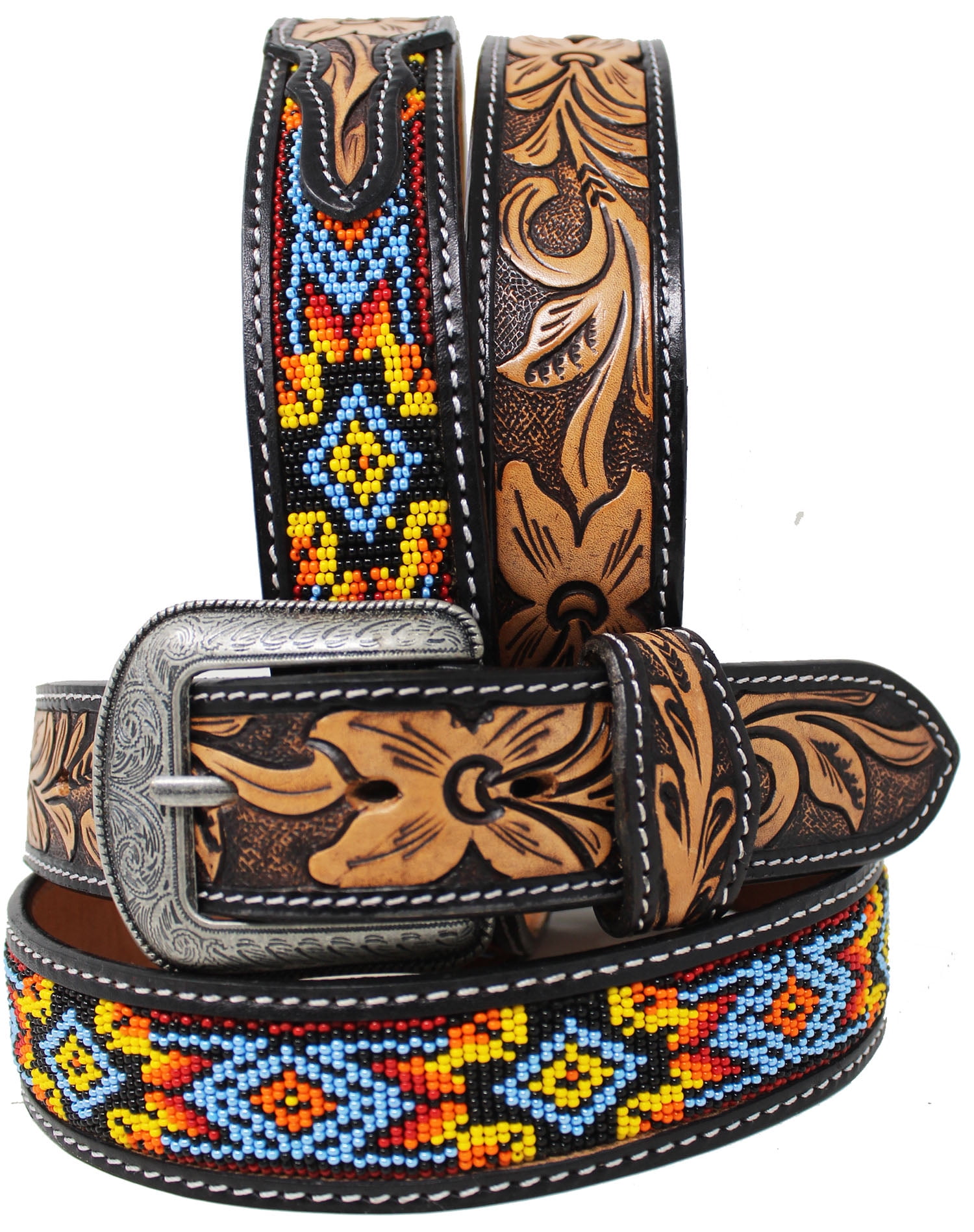 Beaded Leather Belt With Buckle 33\