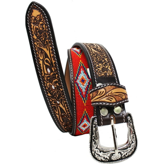 33-34  Unisex 1.5" Western Floral Tooled Beaded Full-Grain Leather Belt 26RT27B