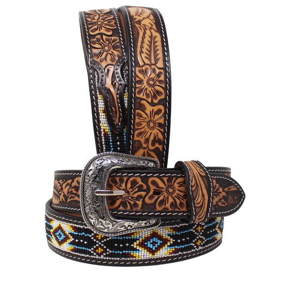 33-34 Unisex 1.5" Western Floral Tooled Beaded Full-Grain Leather Belt 26RT30