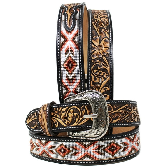 33-34  Unisex 1.5" Western Floral Tooled Beaded Full-Grain Leather Belt 26RT34B