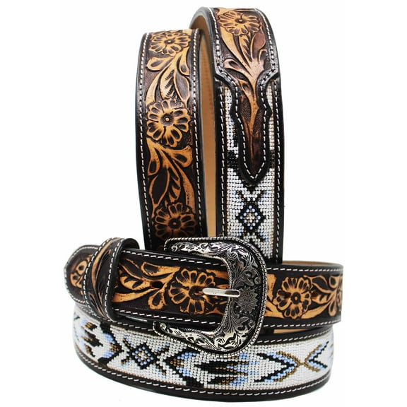 33-34  Unisex 1.5" Western Floral Tooled Beaded Full-Grain Leather Belt 26RT43B