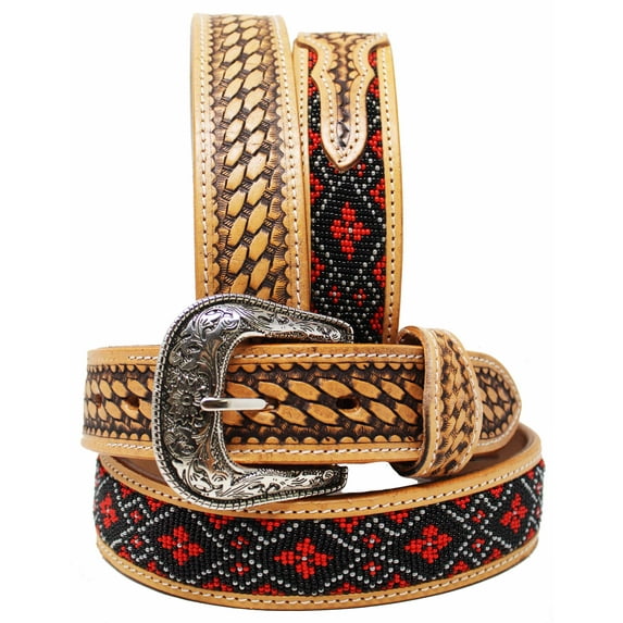 33-34 Unisex 1.5" Western Floral Tooled Beaded Full-Grain Leather Belt 26RT47B