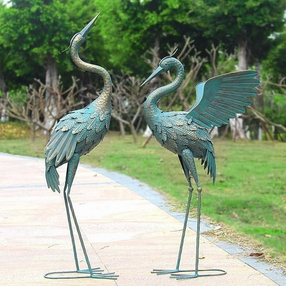 33-37 Inch Metal Crane Garden Statue Dcor, Bird Garden Sculpture & Statues, Outdoor Decoration for Yard Patio Lawn Backyard Pool, Vintage Spread Wings Crane, Set of 2