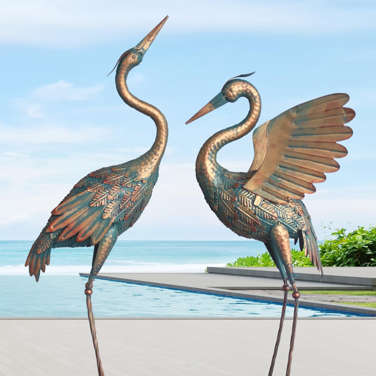 33-37 Inch Metal Crane Garden Statue Décor, Bird Heron Garden Sculpture & Statues, Outdoor Decoration for Yard Pond Lawn Backyard Pool, Vintage Spread Wings Crane, Set of 2 Copper