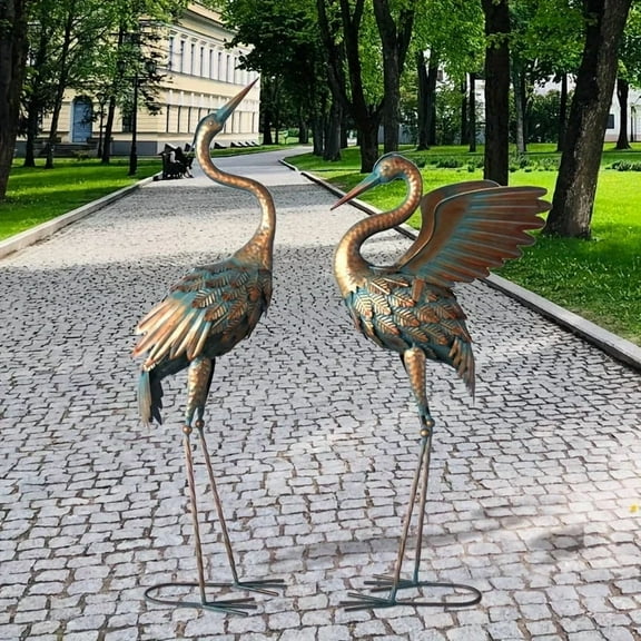Outdoor Copper Crane Garden Statue Set