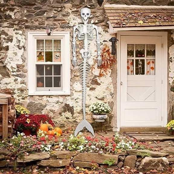33.4 Full Body Mermaid Skeleton, Halloween Outdoor Decorations with Movable Joints for Ghost and Haunted House, Festive Decor for Patio and Party Use$$Garden & Patio