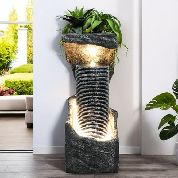 33.4" H Indoor Waterfall Fountain Outdoor with LED Lights Floor-Standing for Outside Garden, Patio, Backyard, Pool, Porch, Landscaping, Balconies Deck Decor