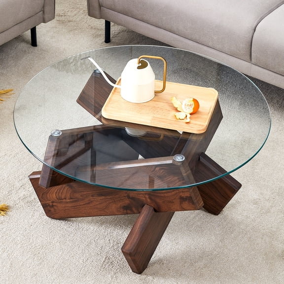 33.4'' Mid Century Modern Round Coffee Table with Glass Top and Wood-Looking Finish Base,Circle Farmhouse Coffe Table,Unique Center Table for Livinig Room Apartment Small Space,Walnut