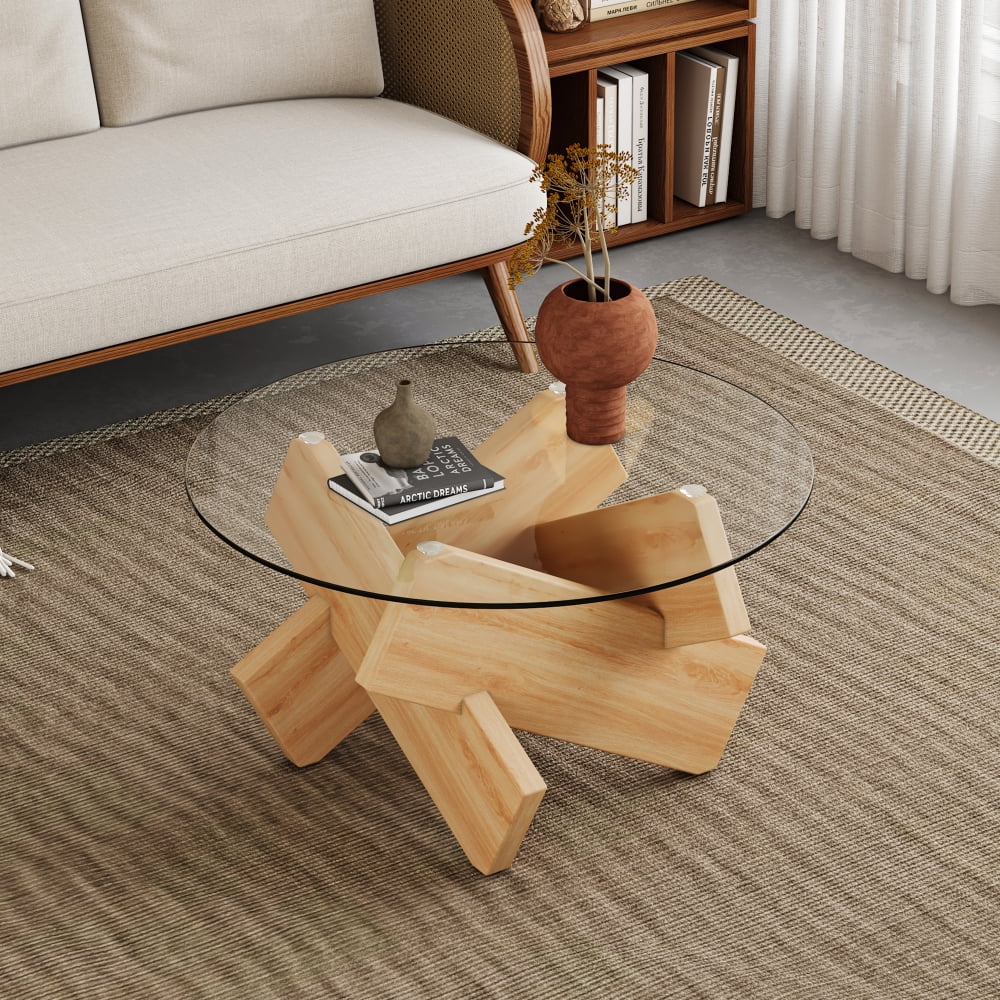 33.4" Round Glass Coffee Table, Modern Tempered Glass Top with Natural ...