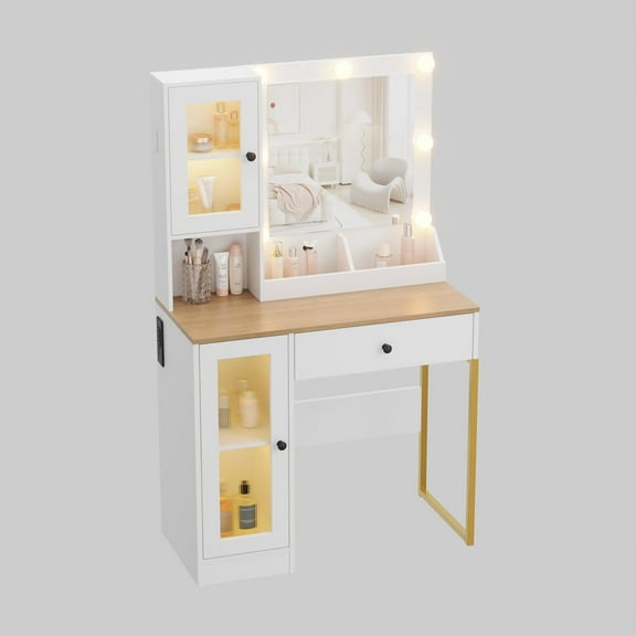 33.4"x55"x15.5" Makeup Vanity Desk with LED Mirror, Charging Ports & Drawers, Dressing Table with 3 Lighting Modes for Bedroom,White and wooden tabletop