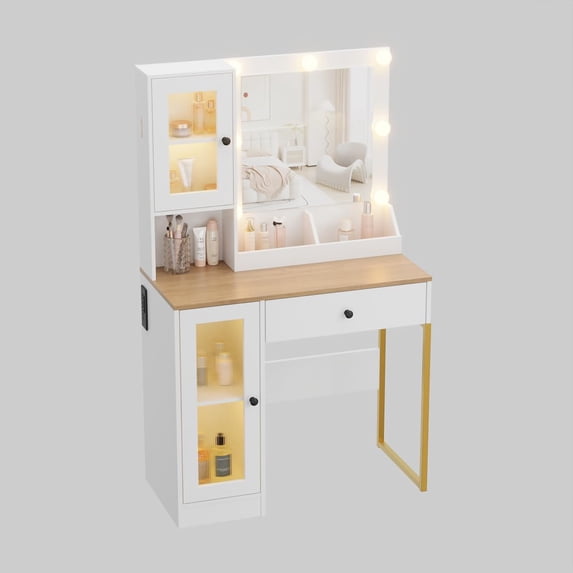 33.4"x55"x15.5" Makeup Vanity Desk with LED Mirror, Charging Ports & Drawers, Dressing Table with 3 Lighting Modes for Bedroom,White and wooden tabletop