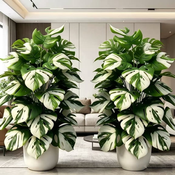 Artificial Variegated Monstera Plant 2 Pack - Faux White and Green Split Leaf Plant for Indoor Home Office Decor No Pot Included Lush Realistic Foliage