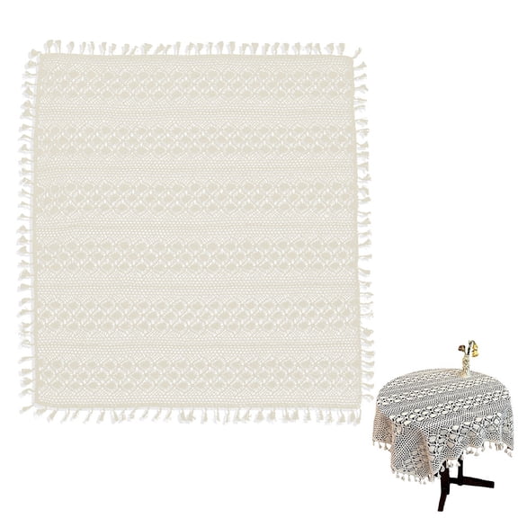 33.46 Inch Beige Floral Tablecloth Square Vintage Knitted Flowers Pattern Fabric Tassel Edge Trimming Polyester Soft Hollow ClothDIY