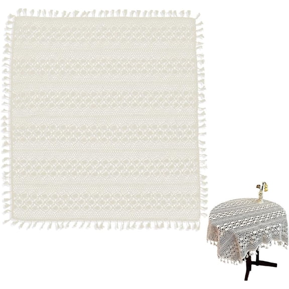 33.46 Inch Beige Floral Tablecloth Square Vintage Knitted Flowers Pattern Fabric Tassel Edge Trimming Polyester Soft Hollow Cloth