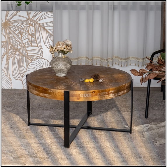 33.46"Retro drawing technology Splicing Round Coffee Table,Fir Wood Table Top with Black Cross Legs Base