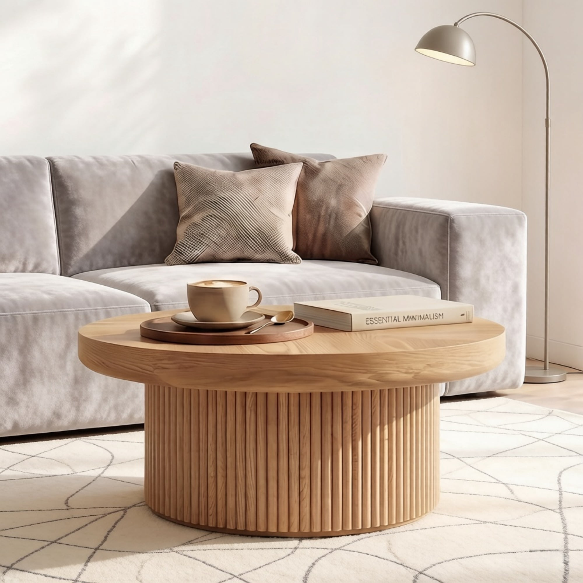 33.46'' Round Coffee Table with Fluted Cylindrical Base, Ash Wood End Table with Thickened Tabletop, Modern Cocktail Table