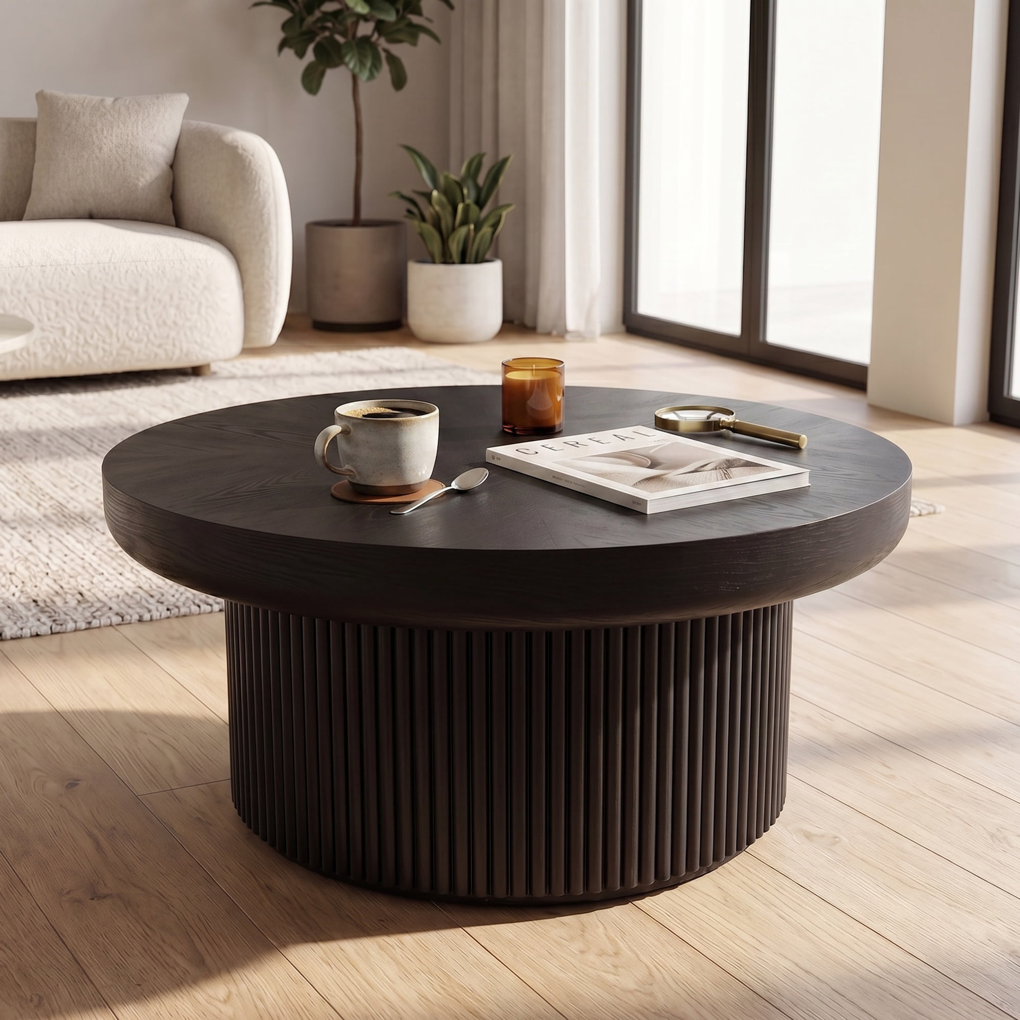 33.46'' Round Coffee Table with Fluted Cylindrical Base, Ash Wood End Table with Thickened Tabletop, Modern Cocktail Table