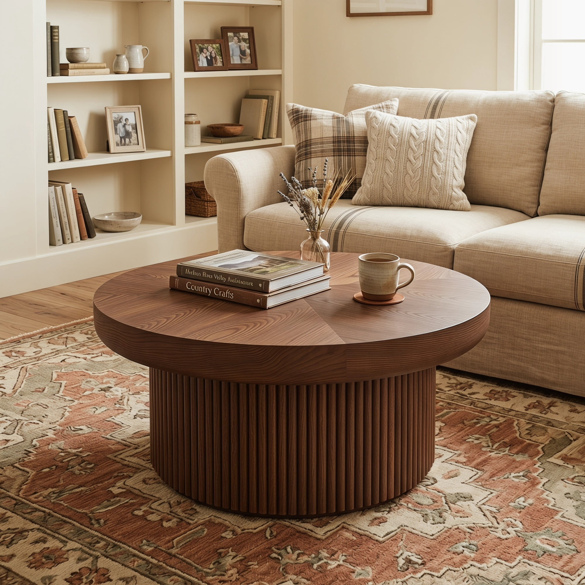 33.46'' Round Coffee Table with Fluted Cylindrical Base, Ash Wood End Table with Thickened Tabletop, Modern Cocktail Table