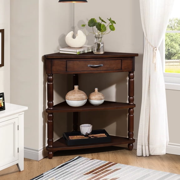 33.46'' Triangle Corner Table For Small Areas - Solid Wood Legs, Design 3 Tier Restricted Spaces Legs