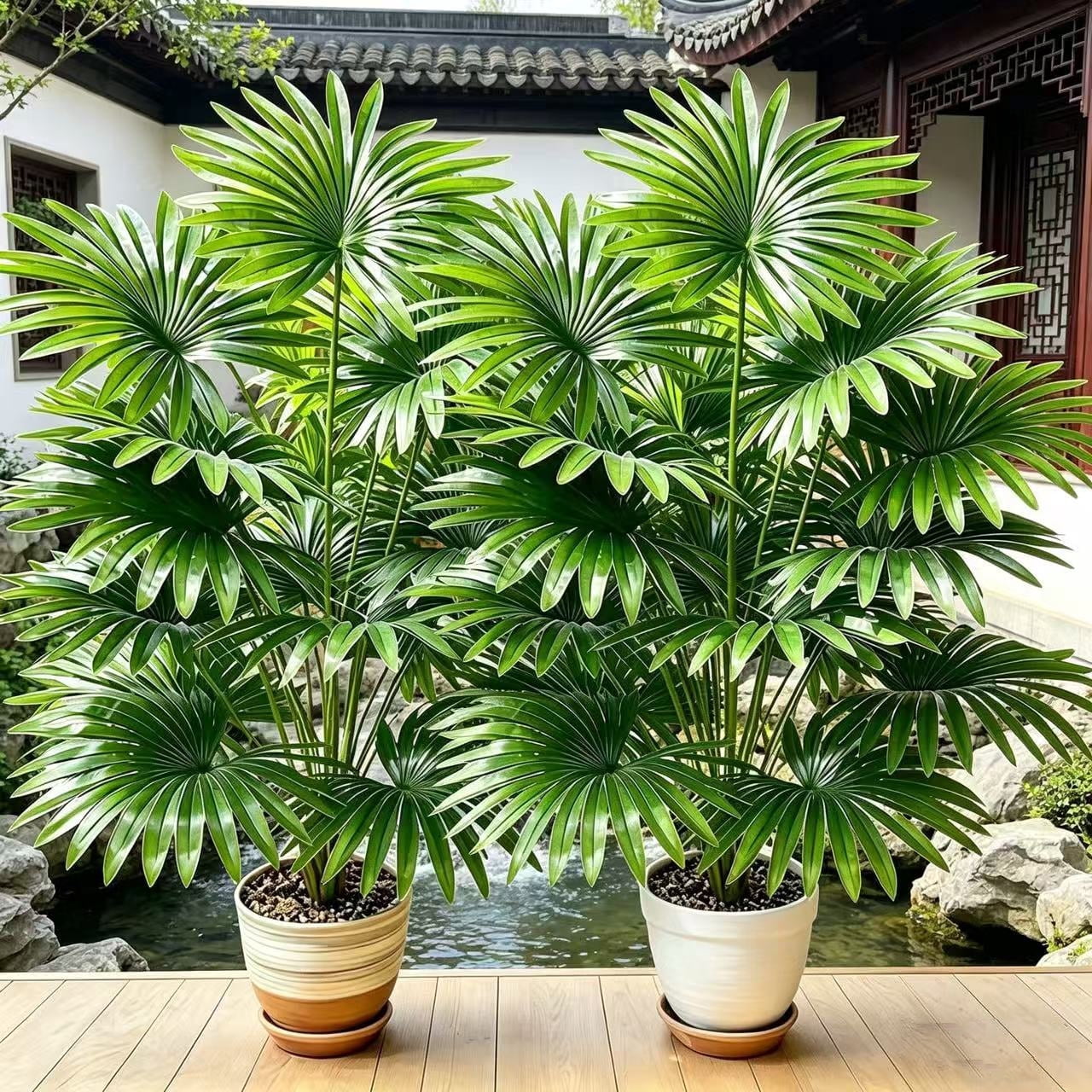 Outdoor Large Fake Fan Palm Tree,Weather Resistant Faux Plant for Patio Garden Decor | No Pot 33.46in 2Pack
