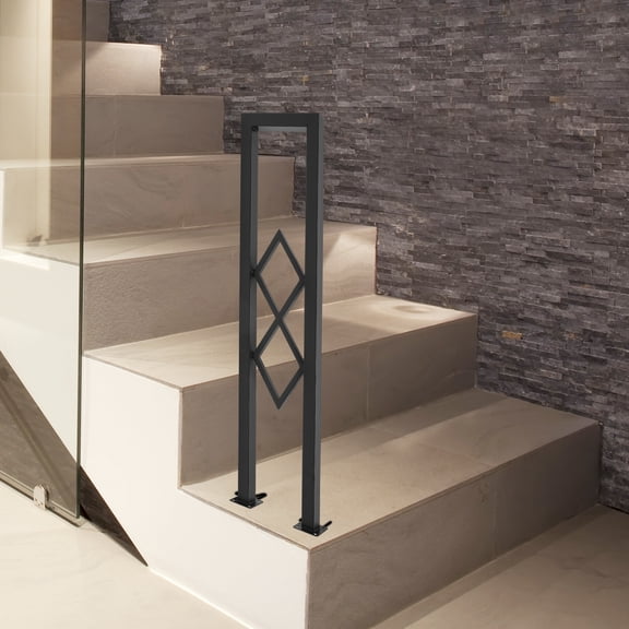 33.46in U-Shaped Stair Handrail, Diamond Pattern Non-Slip Safety Support Rail Easy Install for Concrete & Wood Floors, Indoor Black Handrail