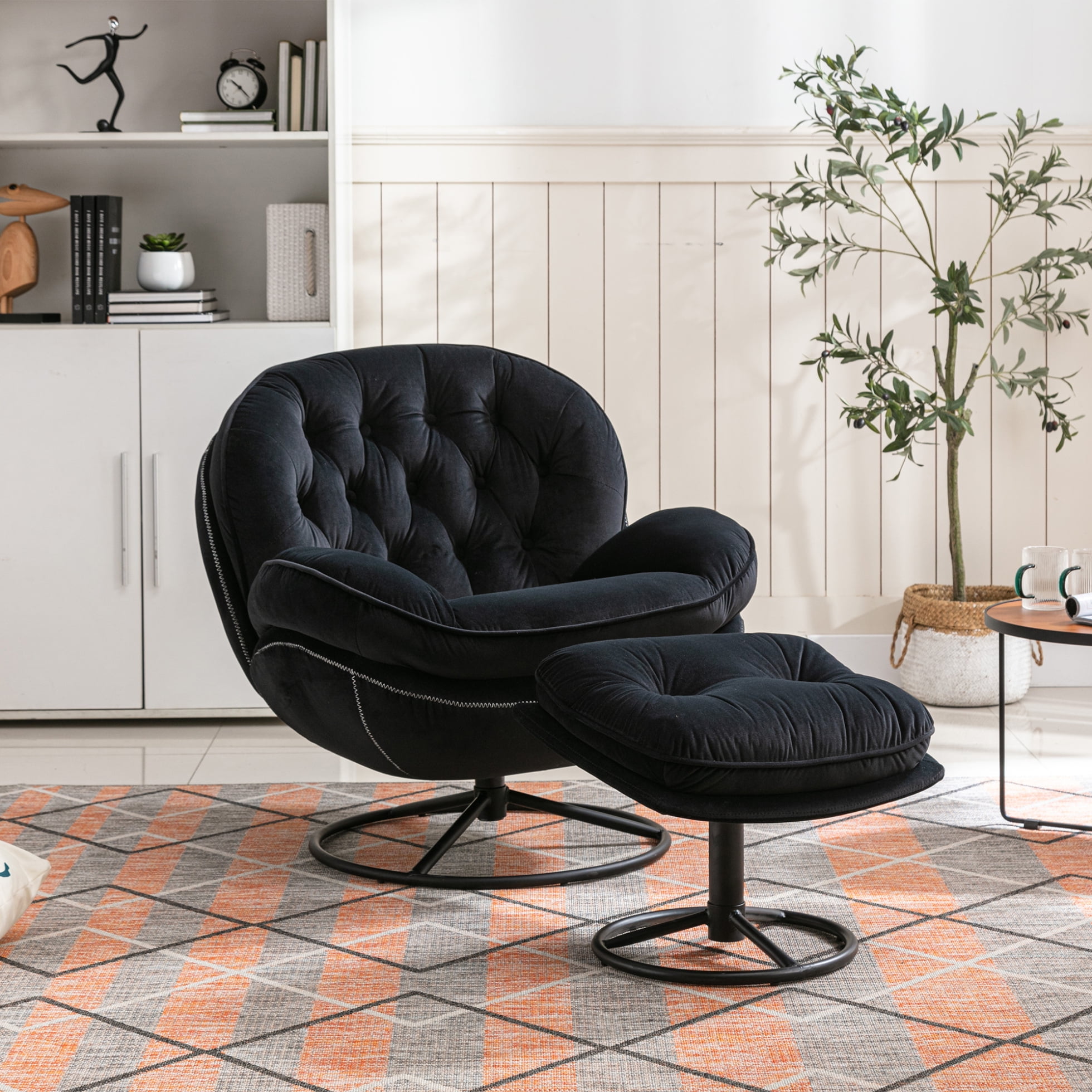 33.5 Accent Swivel Chair Modern Luxury Upholstered Lounge Chair with Footrest and Metal Base Comfy Swivel Single Sofa for Living Room Bedroom Reading Room Black Walmart