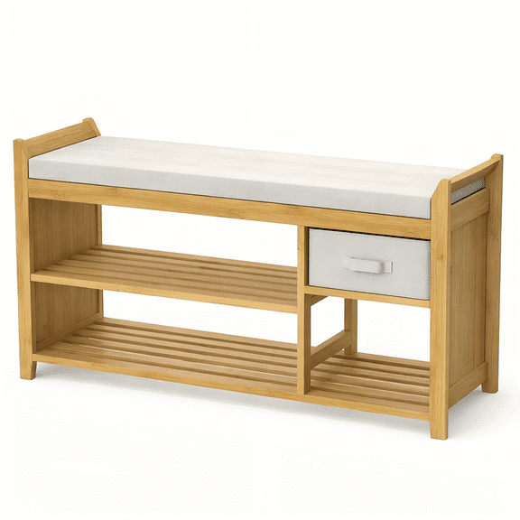 33.5" Bamboo Shoe Bench with Cushion, 2-Tier Entryway Storage Bench with Fabric Drawer, Slatted Shoe Rack Organizer for Hallway, Bedroom, Bathroom, Natural
