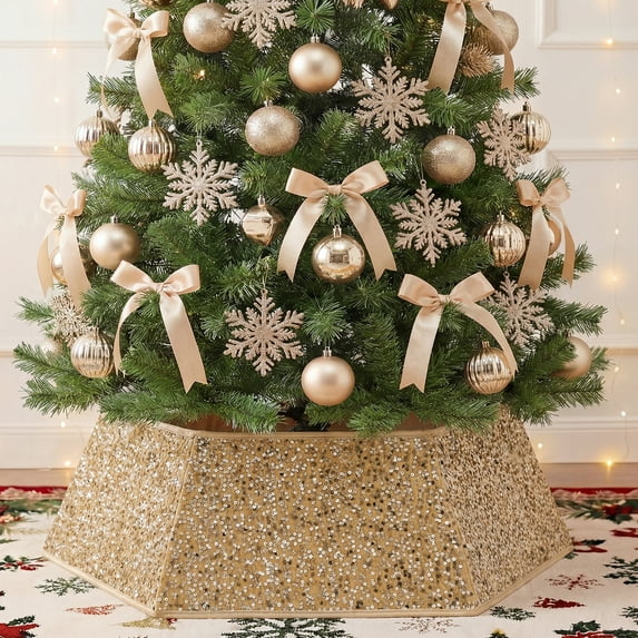 33.5" Champage Sequin Christmas Tree Collar - 6-Piece Set, Elegant Base Cover for Holiday Home Decor