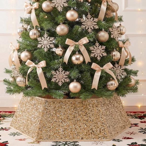 THE BRIVE Champagne Sparkling Sequin Christmas Tree Collar for Artificial Trees, 33.5 Inch Large Tree Ring, Tree Stand Base Cover, Holiday Home Deco