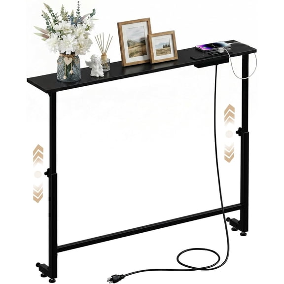 33.5 Inch Behind Couch Table, 24"-32" Adjustable Height Range, Behind The Couch Table with Outlet, Adjustable Console Table, Narrow Long Sofa Table, for Living Room, Small Black