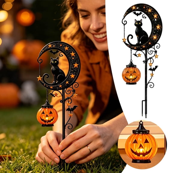 33.5 Inch Black Solar Pumpkin Moon Garden Stake Light, Waterproof Metal Landscape Lamp for Halloween Yard Patio Walkway Decor