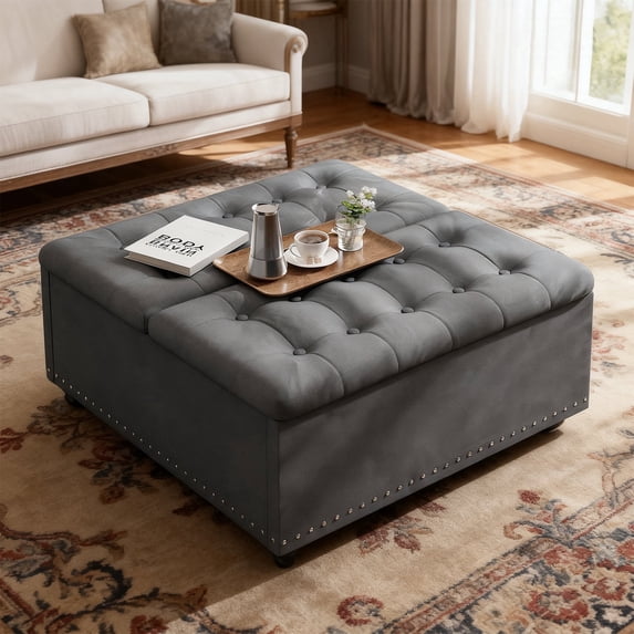 Kbun 33.5 inch Large Square Storage Ottoman, Tufted Upholstered Coffee Table with Lift Top & Solid Wood Legs, Oversized Storage Bench Ottomans Toy Box for Bedroom, Living Room, Entryway, Grey