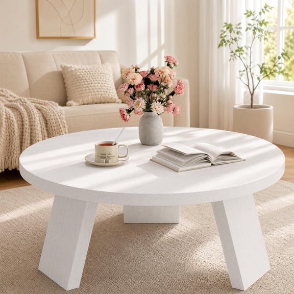 33.5 Inch Round Coffee Table Inclined Leg Circle Center Table Modern Accent Cocktail Table for Living Room Bedroom Easy Assembly, White