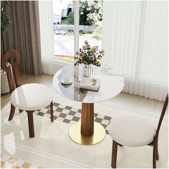 33.5 Inch Round Dining Table for Small Spaces, 2-Person Kitchen Table with Scratch-Resistant Stone Top & Gold Metal Base, Modern Breakfast Nook Table
