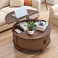 thumbnail image 1 of 33.5-Inch Round Lift Top Coffee Table with Hidden Storage, Fluted Design with Sliding Tambour Door and Solid Wood Legs, Walnut, 1 of 8