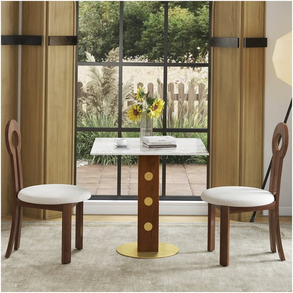 33.5 Inch Square Kitchen Table with Sintered Stone Top, Gold Metal Base and Wood Leg for 2 People