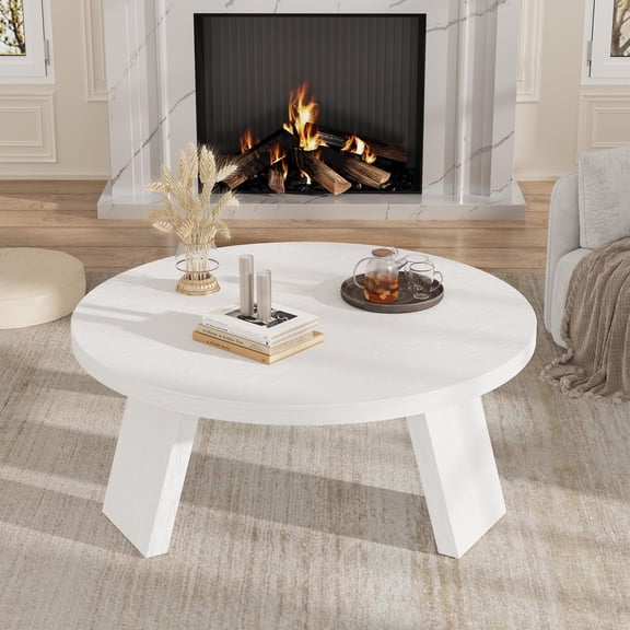 33.5" Modern Round Coffee Table, Minimalist Wood Look Center Table with Inclined Legs, Easy Assembly Accent Cocktail Table for Living Room