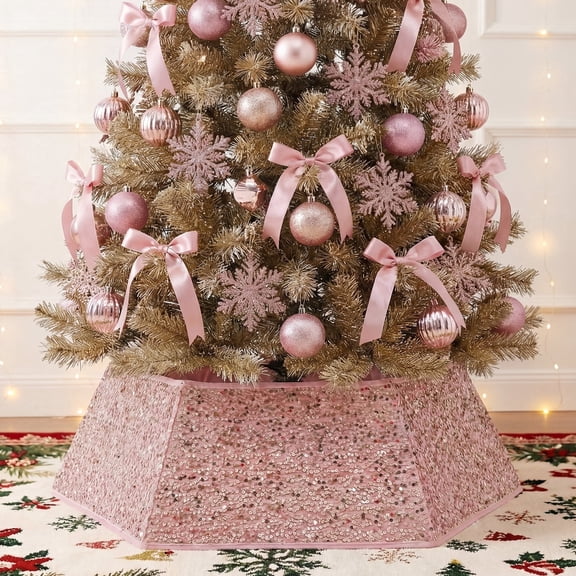 THE BRIVE Rose Gold Sparkling Sequin Christmas Tree Collar for Artificial Trees, 33.5 Inch Large Tree Ring, Tree Stand Base Cover, Holiday Home Deco