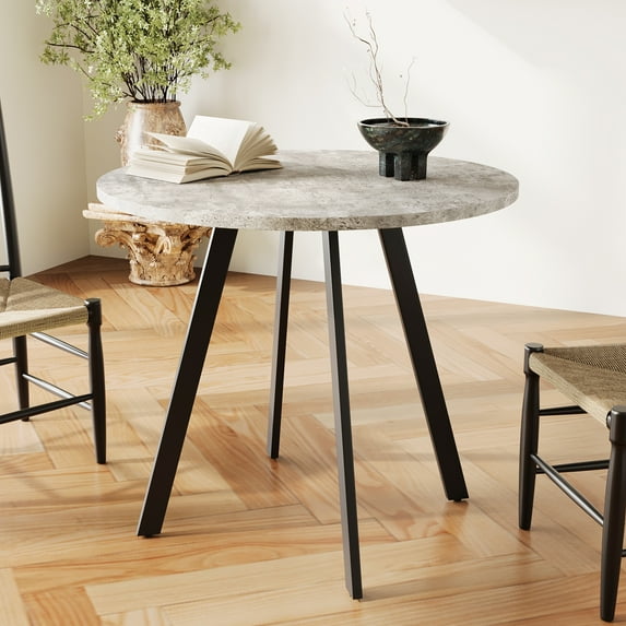 33.5" Round Dining Table for 4, Paproos Circle Wooden Kitchen Table, Dining Room Table, Dinner Table with Gray Cement Texture & Metal Legs for Kitchen, Dining Living Room, Gray & Black(Only Table)