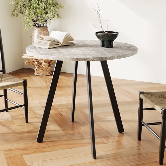 33.5" Round Dining Table for 4, Paproos Circle Wooden Kitchen Table, Dining Room Table, Dinner Table with Gray Cement Texture & Metal Legs for Kitchen, Dining Living Room, Gray & Black(Only Table)