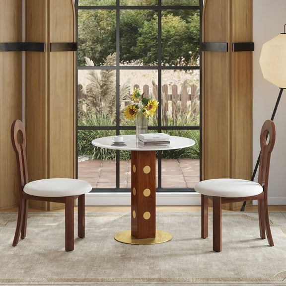 33.5" Round Sintered Stone Dining Table with Wooden Leg and Gold Base | Durable, space-saving table for kitchens or dining nooks, seats 2, stain and scratch resistant, modern design