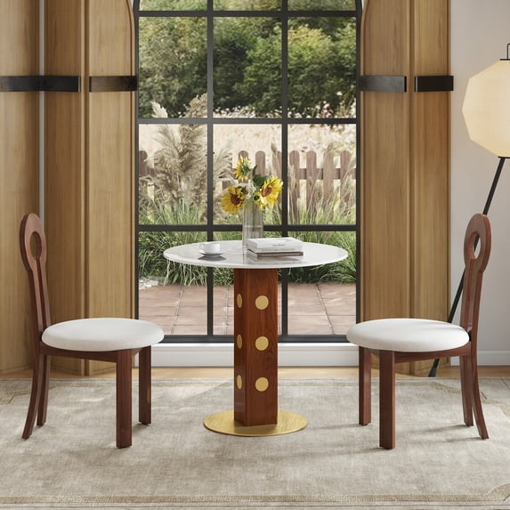 33.5" Round Sintered Stone Dining Table with Wooden Leg and Gold Base | Durable, space-saving table for kitchens or dining nooks, seats 2, stain and scratch resistant, modern design