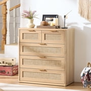 33.5" Tall Dresser for Bedroom, Chest of Drawers, Modern 5 Drawers Boho Rattan Dressers with Storage, Dresser Natural Wood Closet Organizer for Living Room