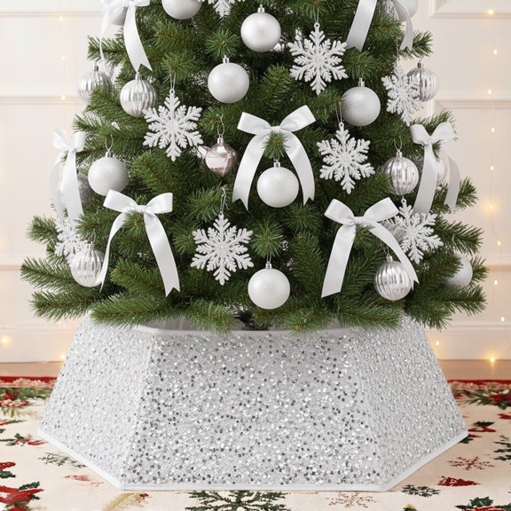 33.5" White Sequin Christmas Tree Collar - 6-Piece Set, Elegant Base Cover for Holiday Home Decor
