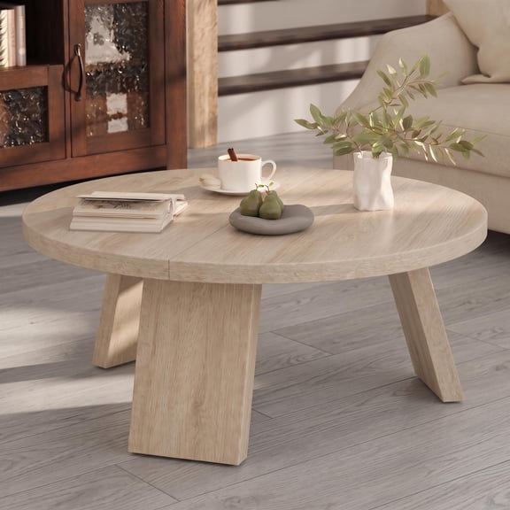 33.5 in Round Coffee Table for Living Room, Modern Center Table with Angled Legs for Small Spaces, Apartment,Light yellow vintage wood grain embossed