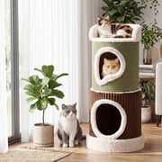 33.5-inch Barrel-Shaped Cat Condo, 2 Story Cat House with Top Perch and Comfy Interior Mats, Modern Cute Cat Hiding Spots for Indoor Cats